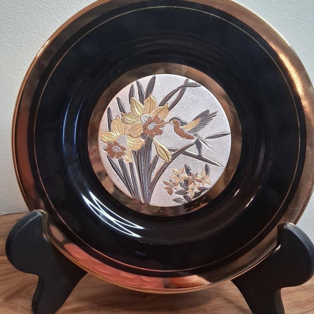 Art of Chokin Japan Decorative Plate Hummingbird Daffodils 24K Gold Rim